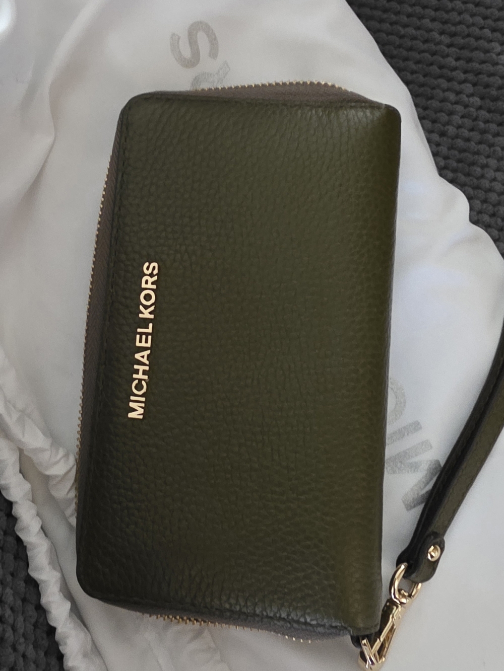Michael Kors Olive Pebbled Leather Zip Wristlet with Gold Logo